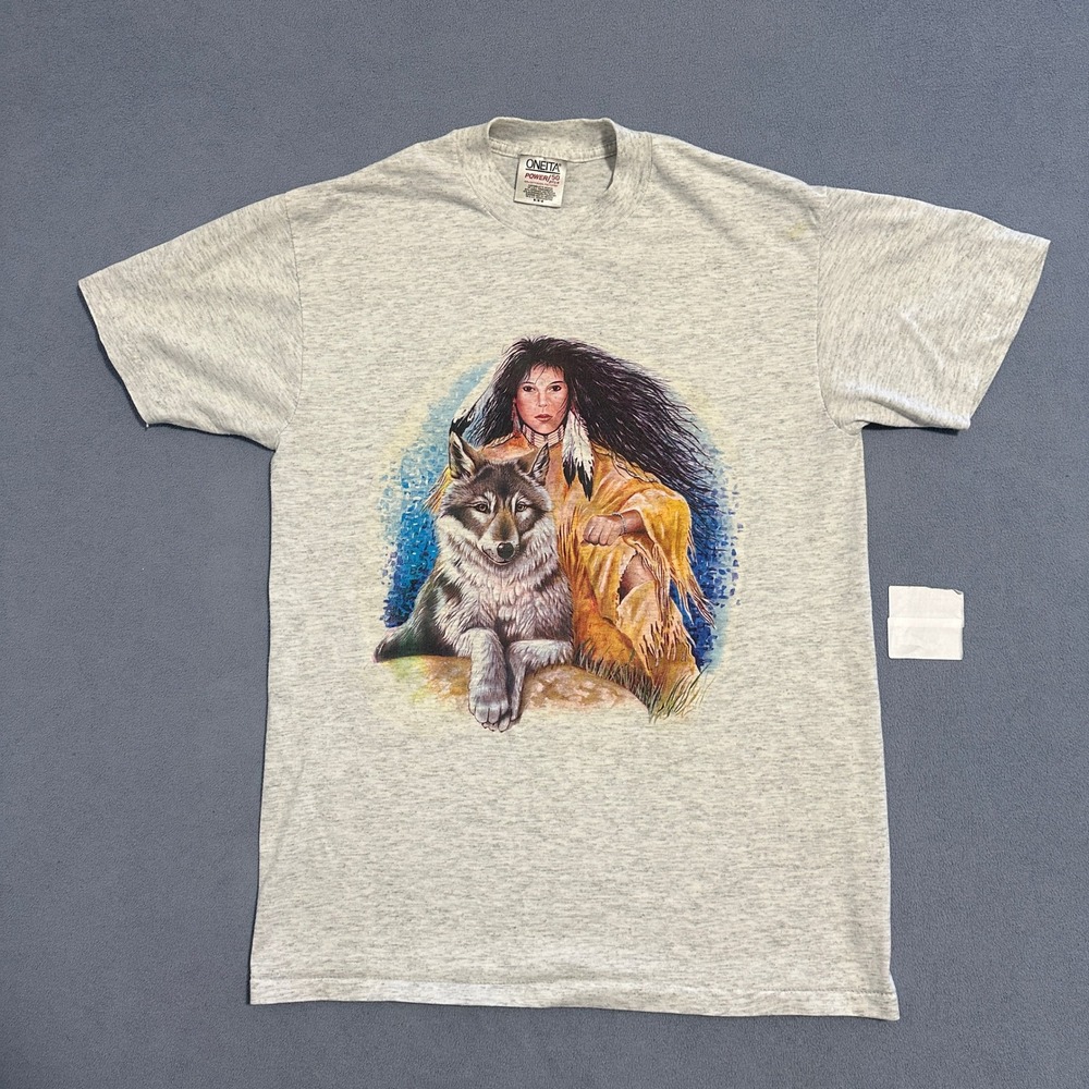 Vintage 90s Oneita Wolf Graphic T-Shirt Single Stitch Gray Mens Size Medium